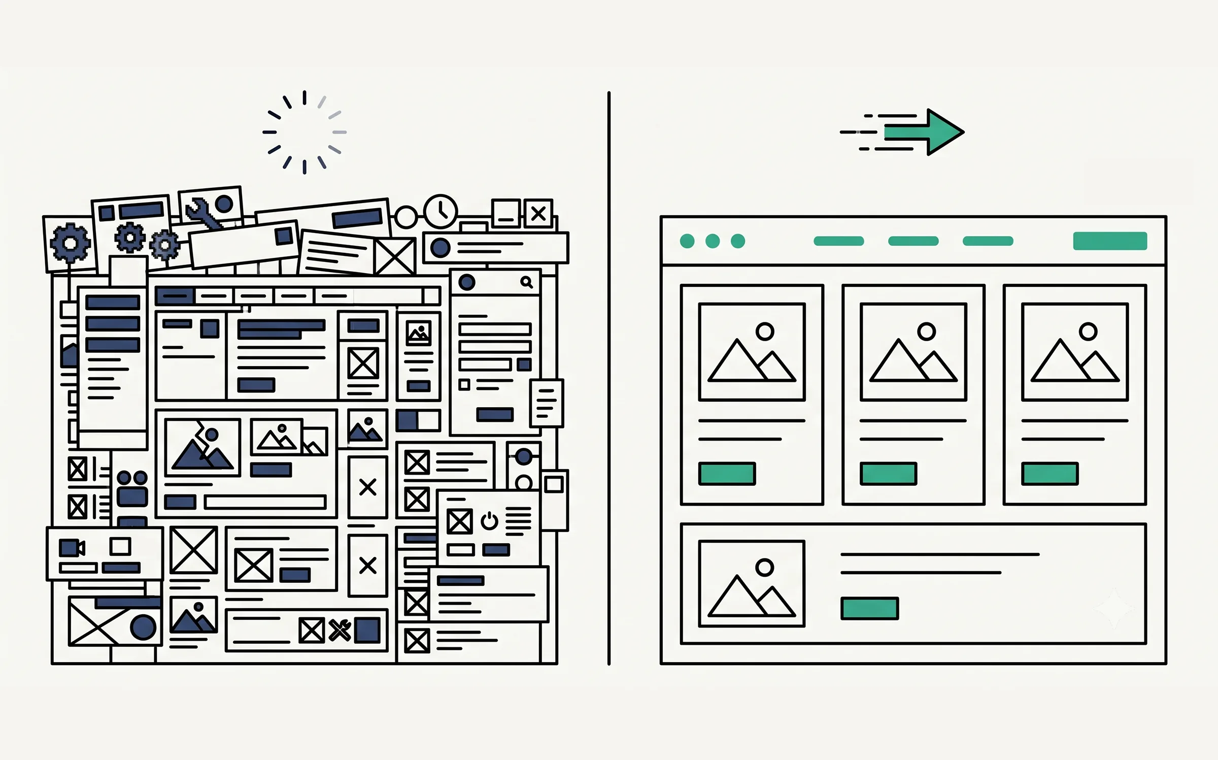 Illustration of a cluttered, slow-loading webpage next to a clean, fast one