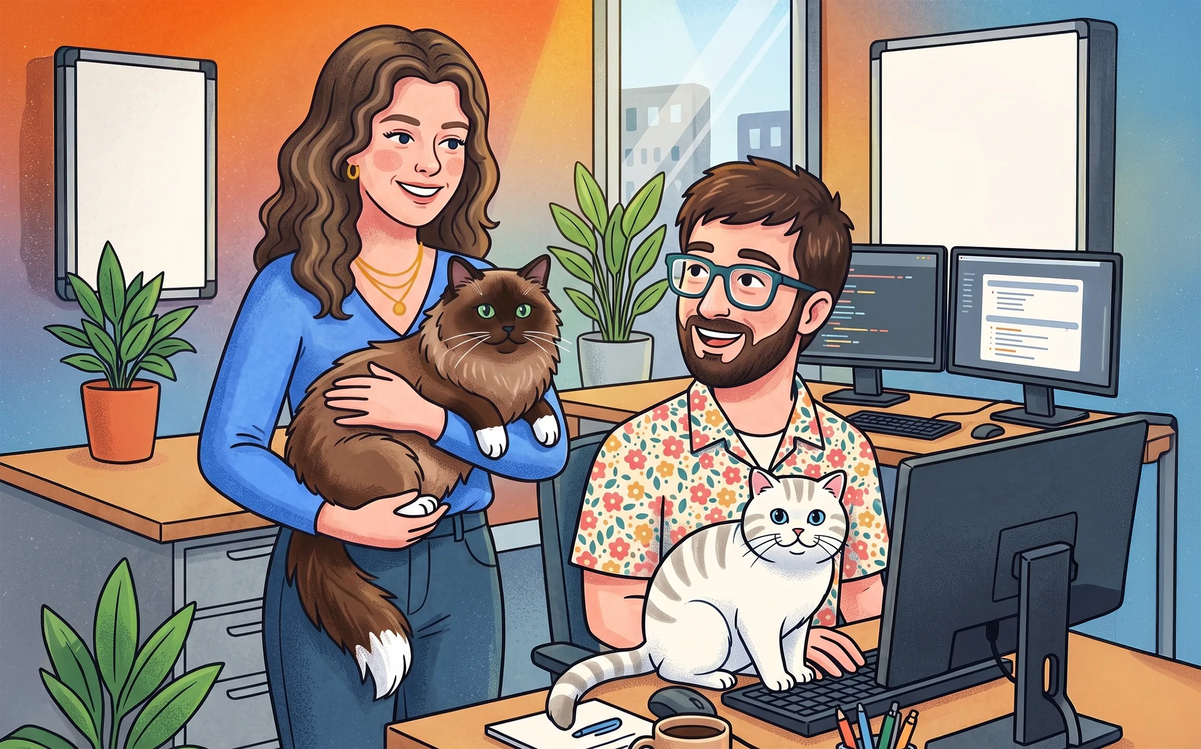 Cartoon of Holly and Goldwin working in the studio, each with a cat