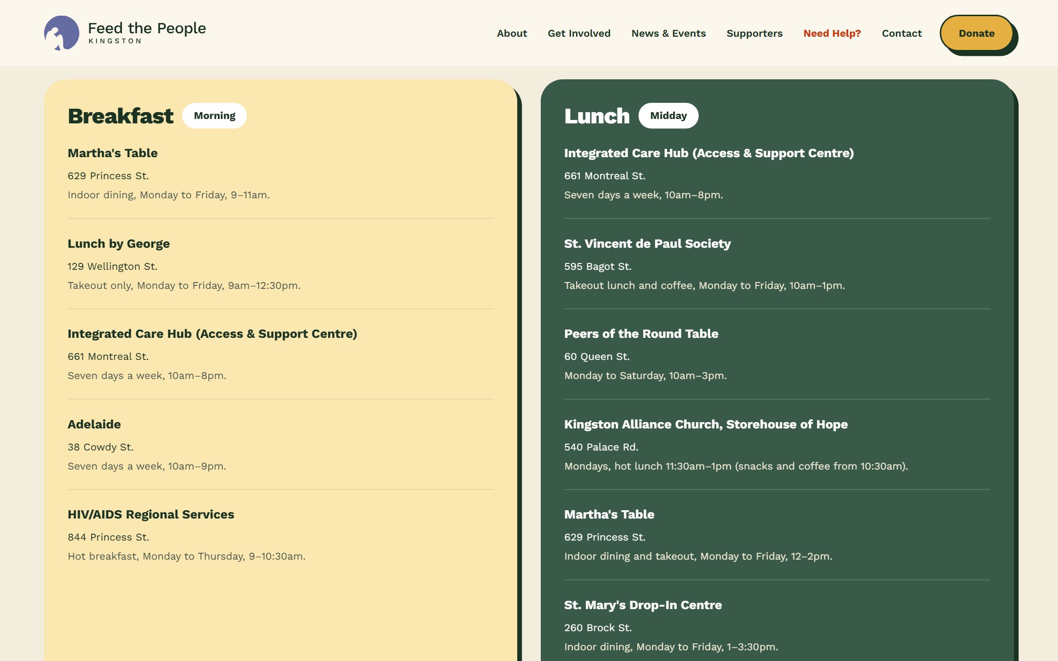The Need Help page: free meals grouped by time of day, each listing showing its address and hours