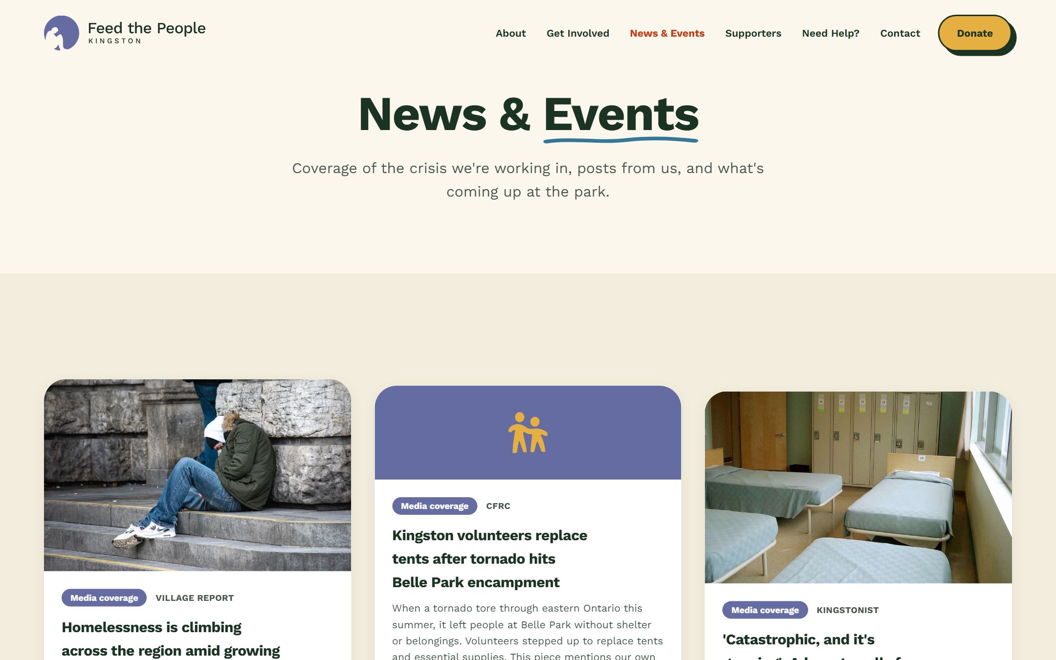The News and Events page: media coverage and upcoming events laid out as cards