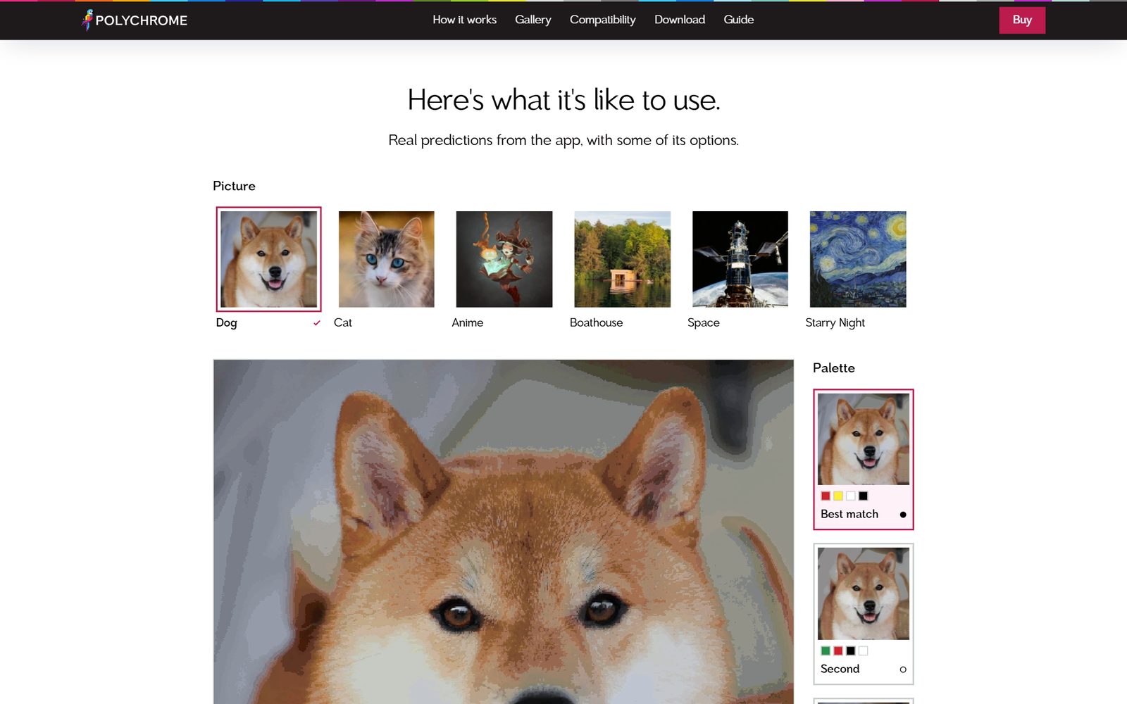 The interactive demo: a photo of a dog as Polychrome predicts it will print, with the app’s best palettes listed beside it