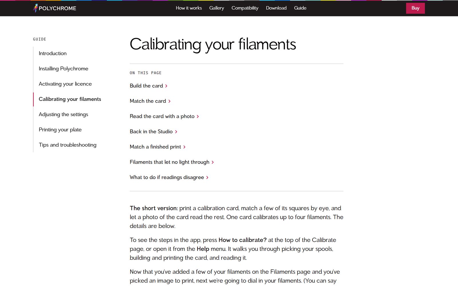 The Calibrating your filaments page of the Polychrome user guide, with a sidebar listing every page of the guide