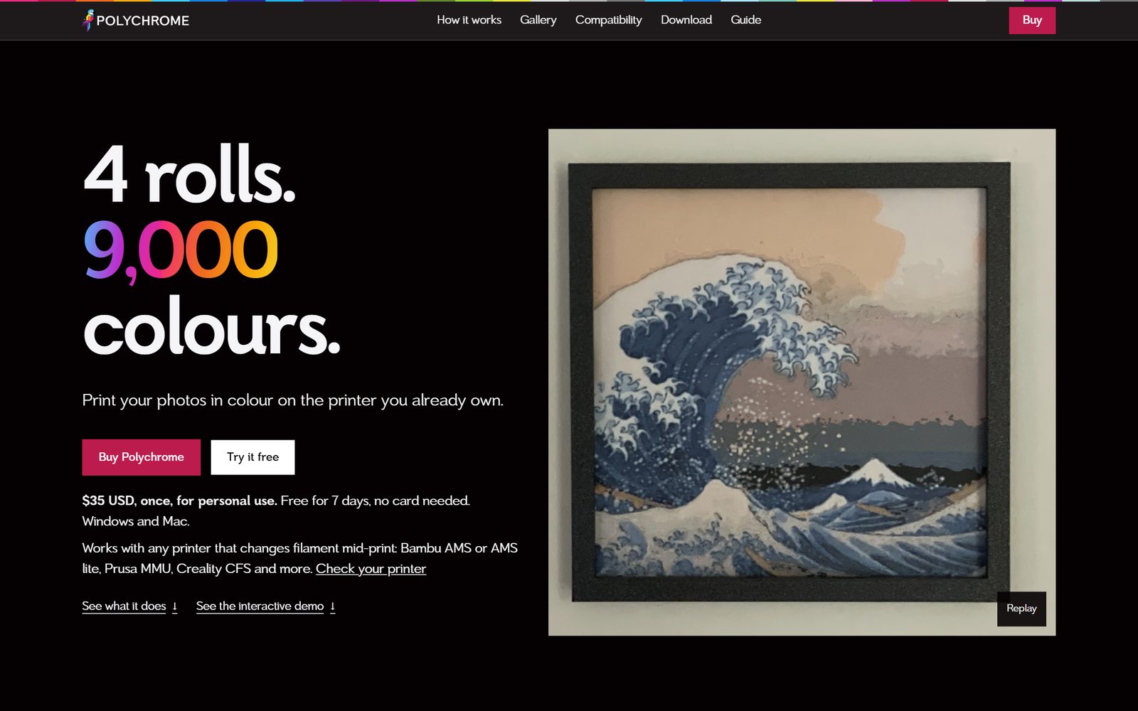 The Polychrome homepage: the headline 4 rolls, 9,000 colours beside a framed print of The Great Wave hanging on a wall