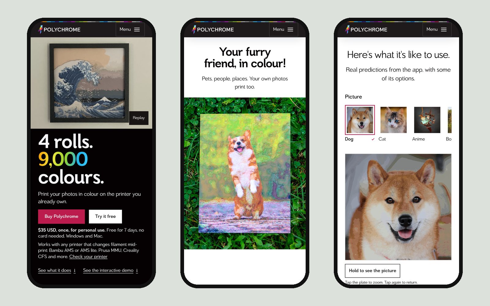 Three phones showing the Polychrome homepage: the hero with a framed print, the pets example and the interactive demo