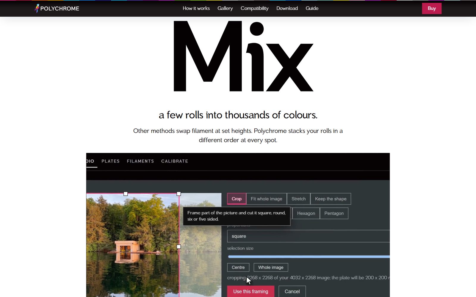 The Mix section of the homepage: a few rolls into thousands of colours, above a screenshot of the app cropping a photo of a boathouse
