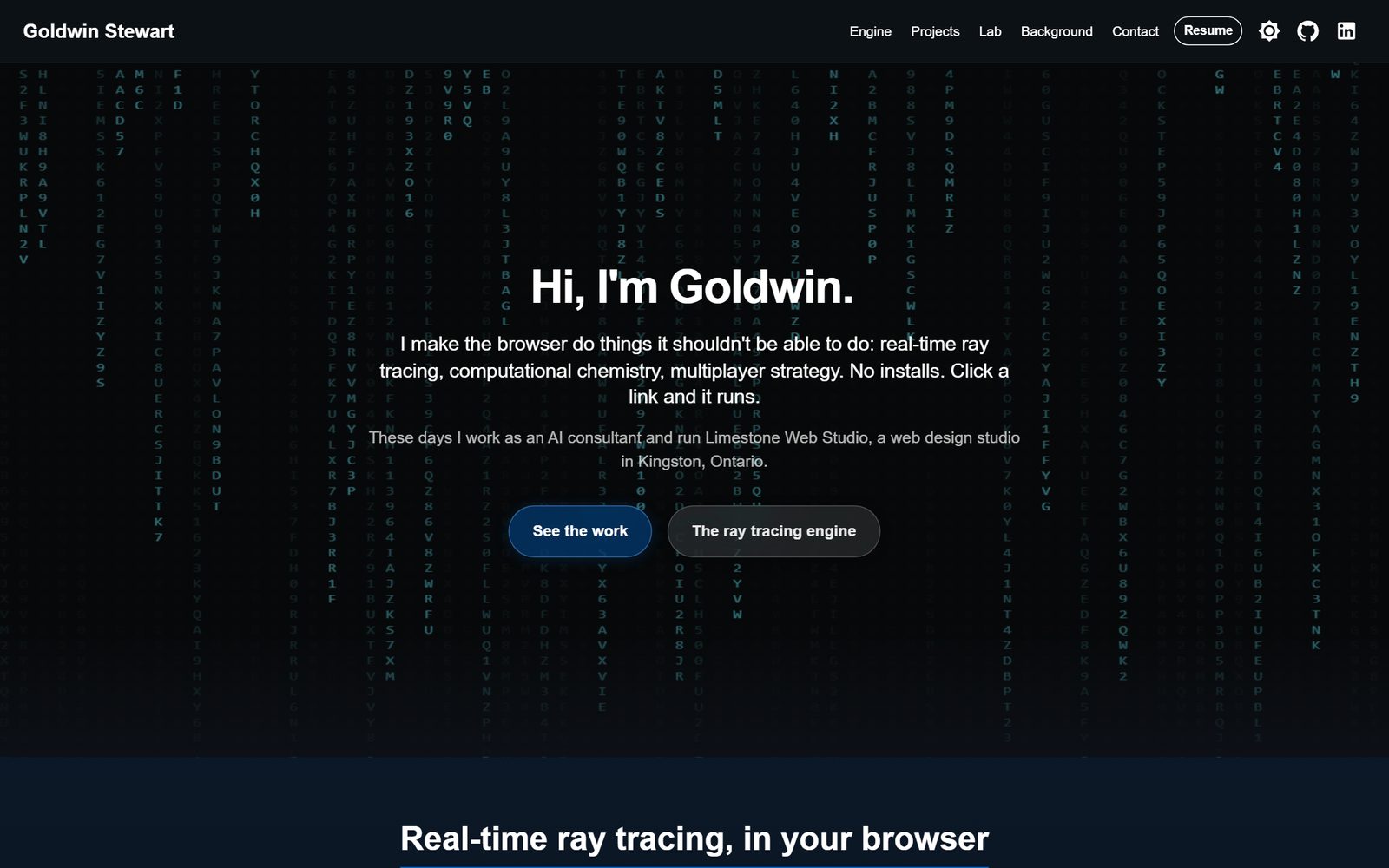 Goldwin Stewart’s portfolio homepage: the headline Hi, I’m Goldwin over a dark background of falling green code